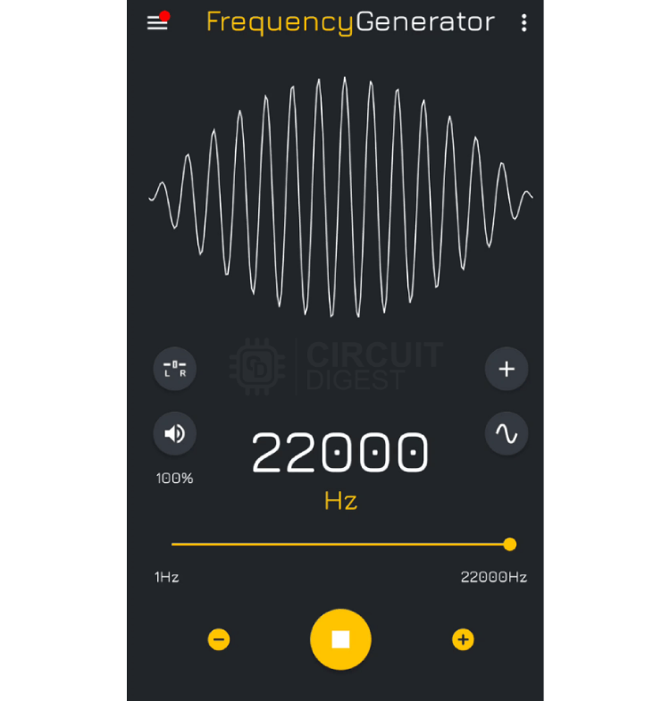 Frequency generator app interface showing sine wave generation for AM testing