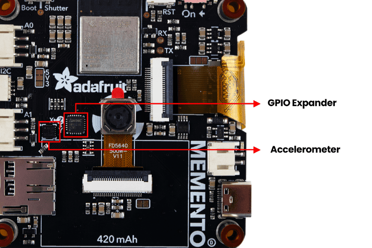 Adafruit MEMENTO GPIO expander AW9523 and LIS3DH accelerometer location