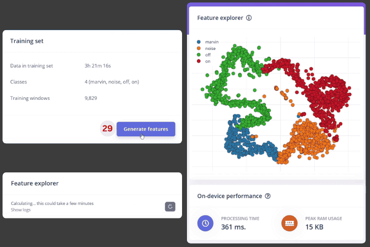 Feature generation visualization showing data separation for ESP32 voice assistant training