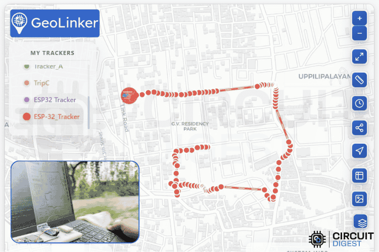 Complete ESP32 GPS tracker demonstration results showing full route tracking, waypoints, and real-time location visualization on GeoLinker map interface with timestamp data