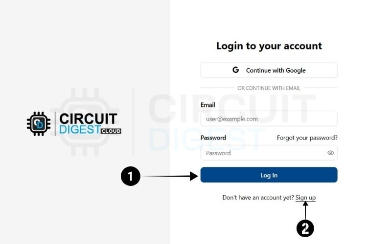 GeoLinker login interface for ESP32 GPS tracker showing registration and sign-in options for Circuit Digest Cloud account creation