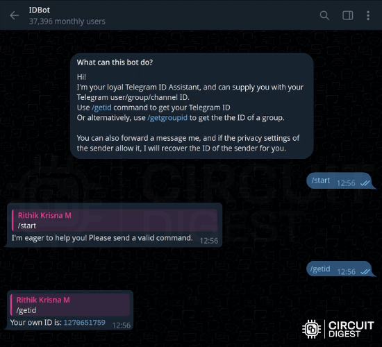 MyIDBot showing getid command result displaying unique Telegram Chat ID number