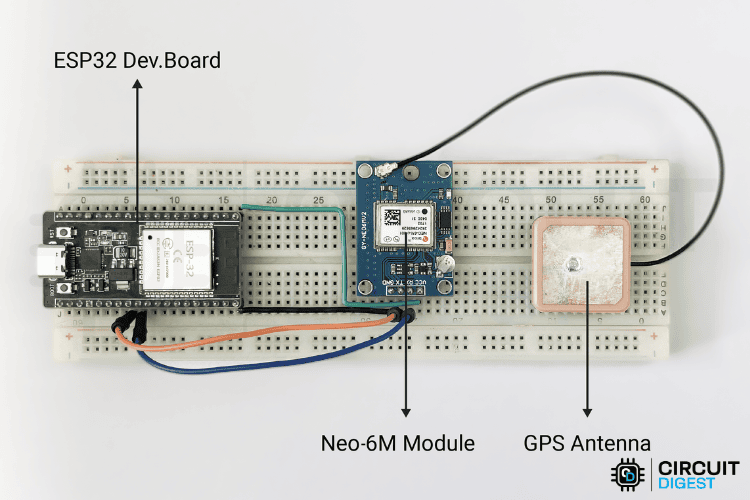Physical assembly of ESP32 GPS tracker hardware showing Neo-6M GPS module connected to ESP32 development board on breadboard with LED indicators and jumper wires