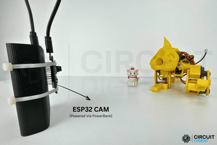 Complete hardware setup of ESP32 CAM Telegram bot showing module, USB connection, and antenna placement