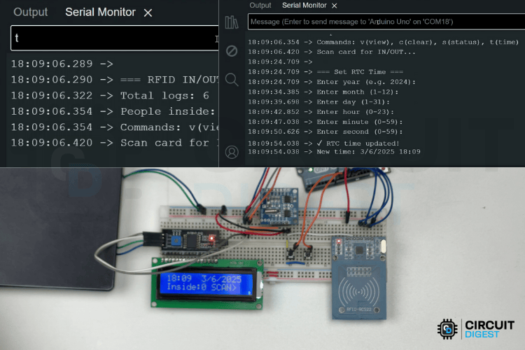 Arduino RFID attendance system displaying current time and scan count
