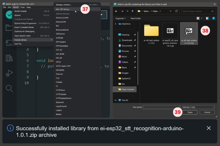 Installing Edge Impulse library in Arduino IDE for ESP32 offline voice recognition development