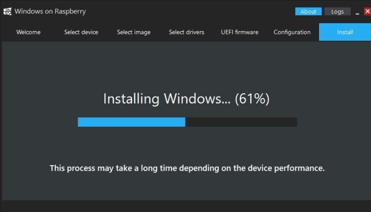 WoR Imager progress screen showing Windows 11 ARM installation process on Raspberry Pi storage