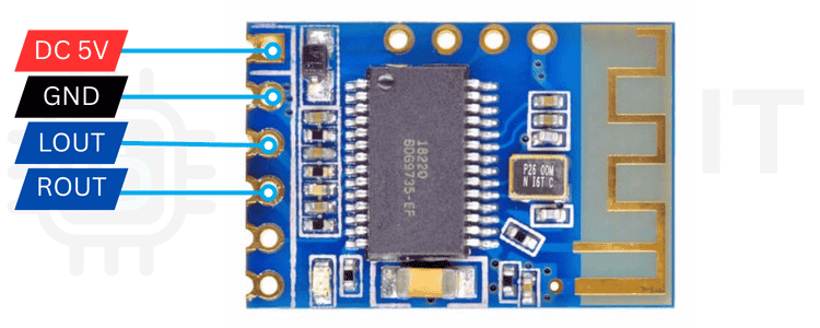 JDY-62 Bluetooth 4.2 module pinout diagram showing VCC, GND, L OUT, and R OUT connections for DIY Bluetooth speaker wiring