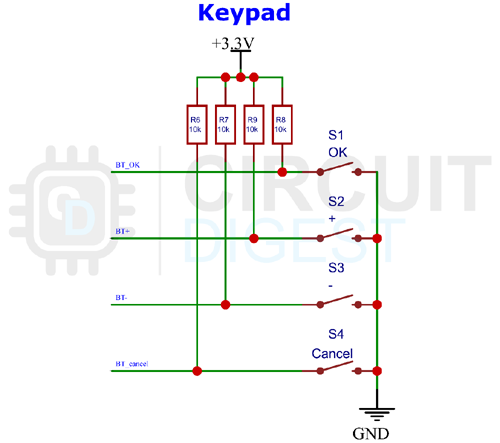 Keypad circuit schematic for ESP32 oscilloscope showing tactile switches with pullup resistors and interrupt connections