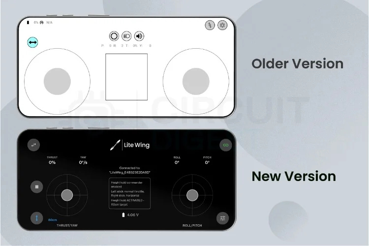 LiteWing ESP32 drone app old new UI UXv2