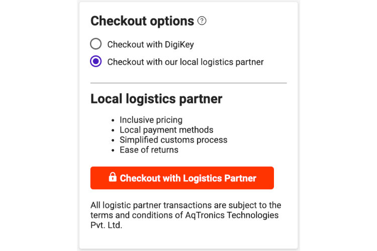 DigiKey local logistics partner selection button for AqTronics India checkout