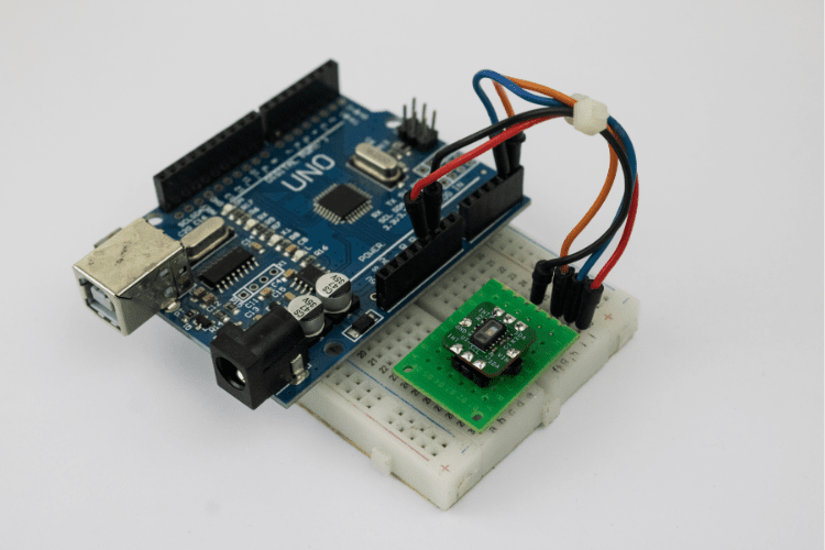 Complete MAXREFDES117 Arduino hardware setup with perfboard adapter and connections Full hardware configuration for MAXREFDES117 Arduino project with perfboard adapter