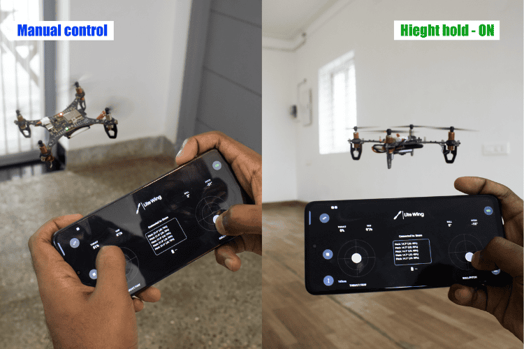Comparison chart showing manual drone control vs automated height hold mode with altitude stabilisation