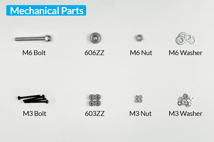 Mechanical hardware components for homemade drone test stand including bearings, bolts, and washers