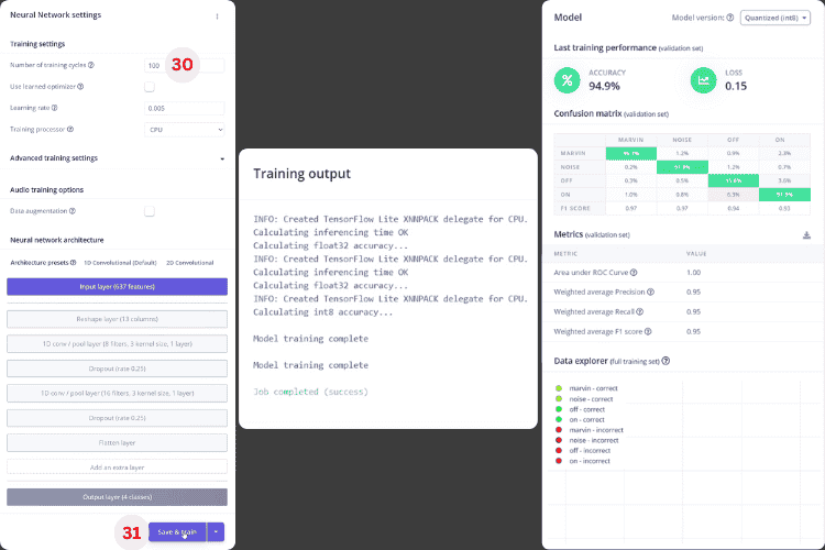 Neural network training settings for ESP32 voice assistant model with configuration options