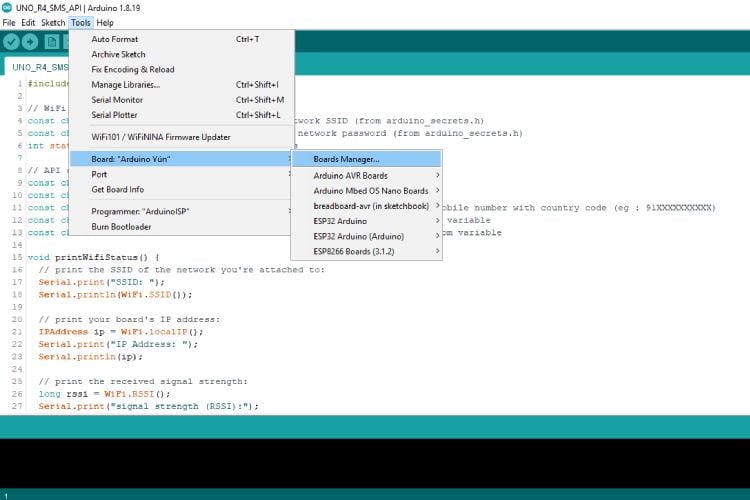 Opening Arduino IDE and accessing Board Manager via Tools menu.