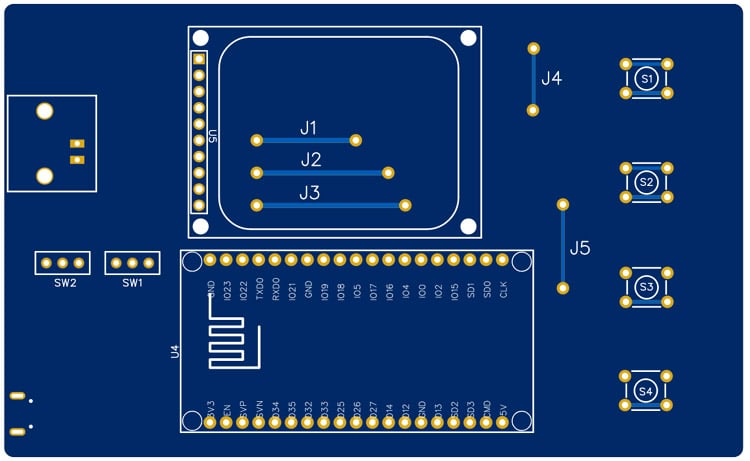 PCB layout top view for ESP32 oscilloscope showing trace routing and component placement optimization