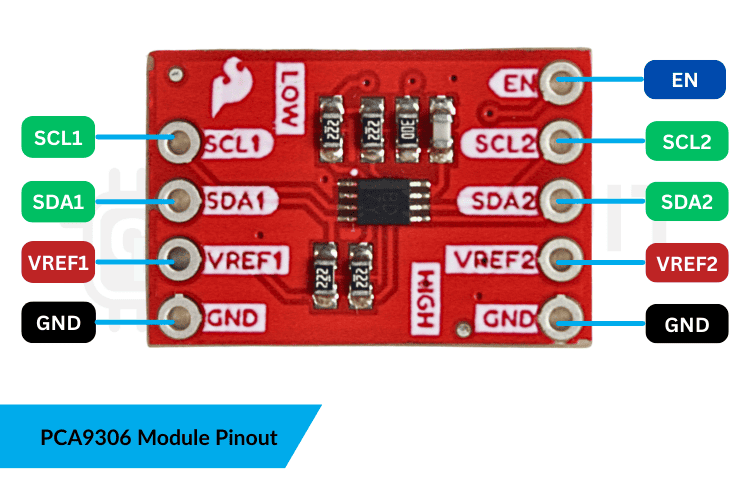 PCA9306 level shifter module pinout diagram showing VREF1, VREF2, SCL1, SDA1, SCL2, SDA2, GND, and EN pins for interfacing with Arduino UNO