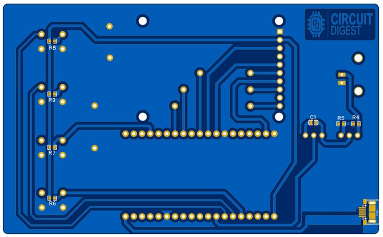 PCB bottom layer layout for ESP32 oscilloscope showing ground plane and signal routing design