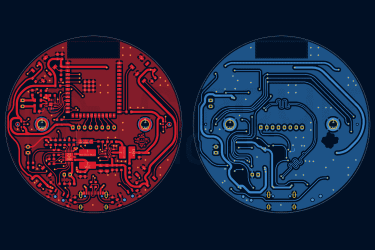 Top and bottom PCB layers showing component placement and copper traces for ESP32 AI voice assistant