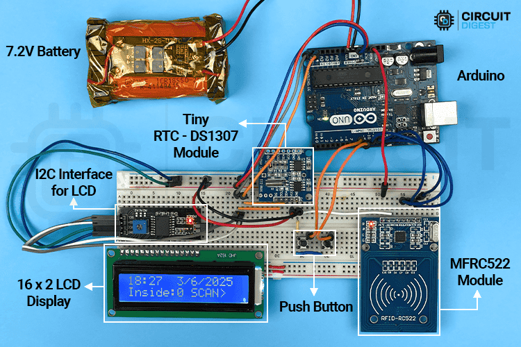 Assembled RFID attendance system showing Arduino connections and component placement