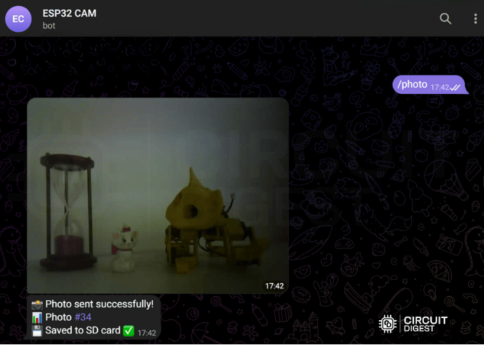Example output from ESP32 CAM photo command showing captured image quality in Telegram interface