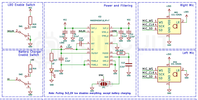 Power regulation circuit and ICS-43434 microphone connection schematic for ESP32 AI voice assistant