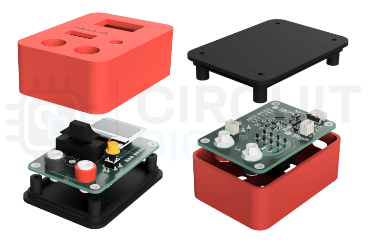 3D CAD model of enclosure for precision digital micro current meter showing cutouts for display, connectors, switches, and ergonomic design