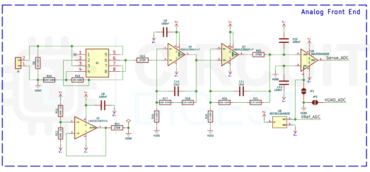 Analog front-end circuit showing MAX4239 auto-zero amplifiers, precision shunt resistors, INA333 instrumentation amplifier, and three-range current measurement paths