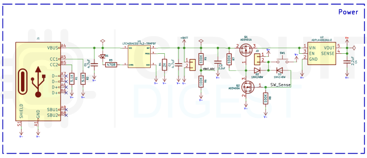Power supply circuit with USB Type-C input, LTC4054ES5 battery charger, ADP44002 LDO regulator, and soft latch power switch using AO3401 and AO3400 MOSFETs