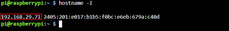 Terminal showing static IP address configuration on Raspberry Pi using hostname command