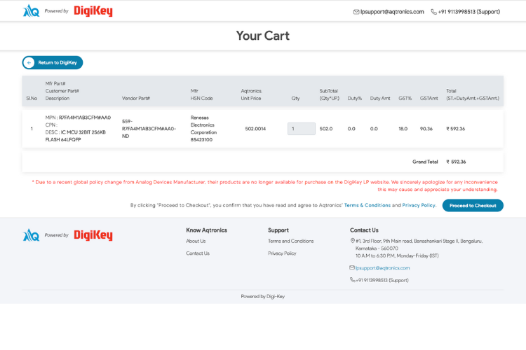AqTronics India electronics distributor checkout page showing duty, GST, and total pricing