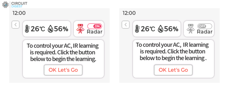 ESP32-S3-BOX-3 radar sensor ON and OFF states showing presence detection