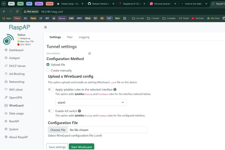 WireGuard VPN configuration in RaspAP for secure Raspberry Pi router connections