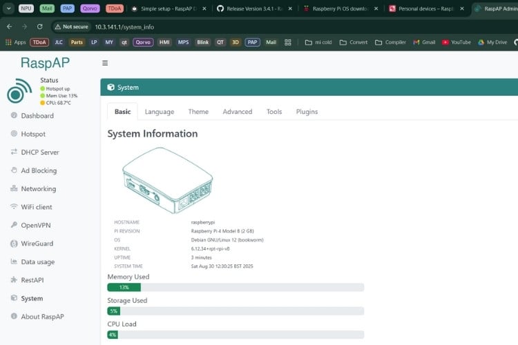Successfully configured Raspberry Pi WiFi router with custom settings appearing in network list