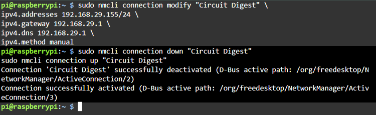 Raspberry Pi reconnecting to network after static IP configuration using nmcli commands