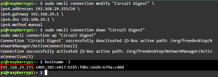 Verifying static IP address 192.168.29.155 successfully configured on Raspberry Pi