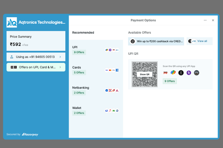 Razorpay payment gateway interface showing DigiKey India payment options including UPI and cards
