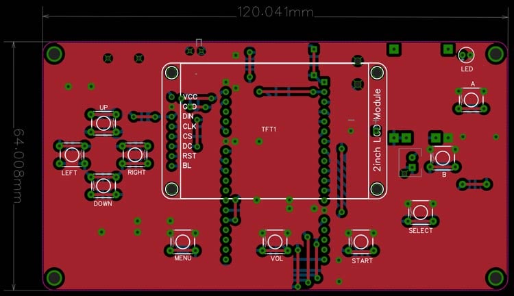 Technical drawing of ESP32 retro game console PCB showing exact dimensions 85mm x 55mm with component placement measurements