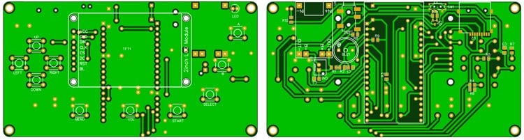 2D PCB layout design for ESP32 retro game console showing copper traces, component pads, and electrical connections