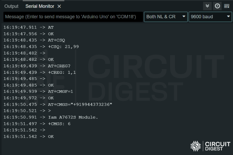 SMS Sending using AT Commands In Text Mode on A7672S Module