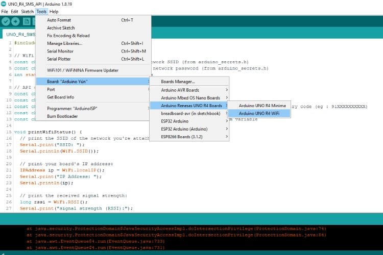 Selecting Arduino UNO R4 WiFi board