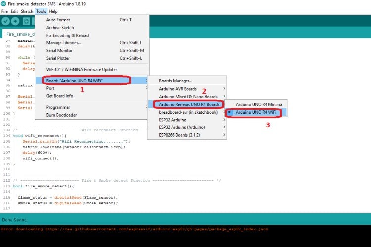 Selecting Arduino UNO R4 WiFi board in Arduino IDE
