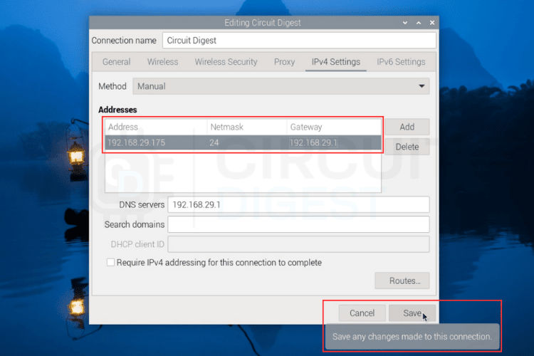 Raspberry Pi IPv4 settings tab showing static IP address configuration fields in GUI
