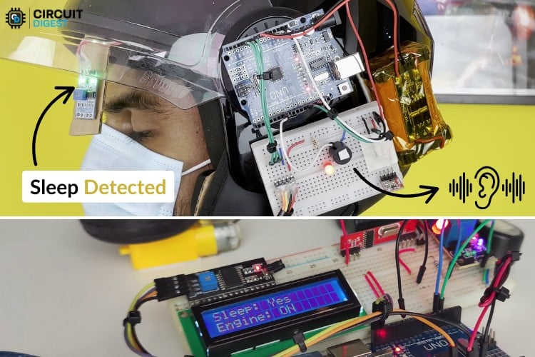 Collage showing sleep detection process with IR sensor triggering buzzer and LED warnings when drowsiness detected in smart helmet for accident detection