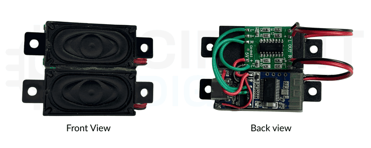Complete hardware setup showing JDY-62 Bluetooth module, PAM8403 audio amplifier board, and 2-watt 8-ohm speakers for DIY Bluetooth speaker project 