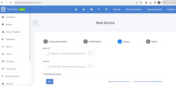 Step 4 to Add Devices in Sinric Pro