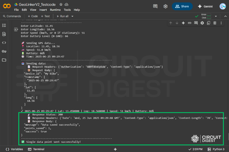 Google Colab interface showing Python test code for GeoLinker V2. The script logs GPS data including latitude, longitude, speed, battery, and timestamp. The console output confirms successful data transmission with a 200 response status, response headers, and a JSON response body stating 'Data saved successfully,' along with a message 'Single data point sent successfully!'