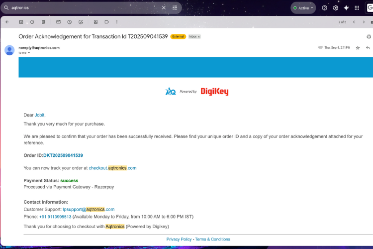 Order confirmation screen after successfully purchasing from DigiKey India using AqTronics