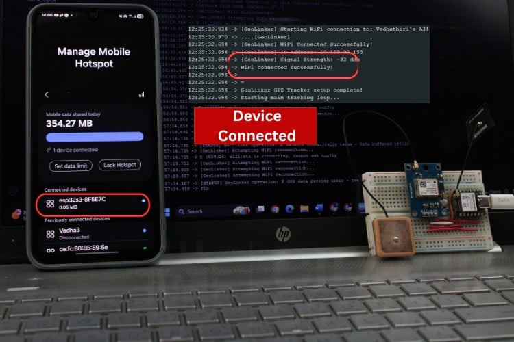 XIAO ESP32-S3 GPS tracker successfully connected to mobile hotspot showing Wi-Fi status